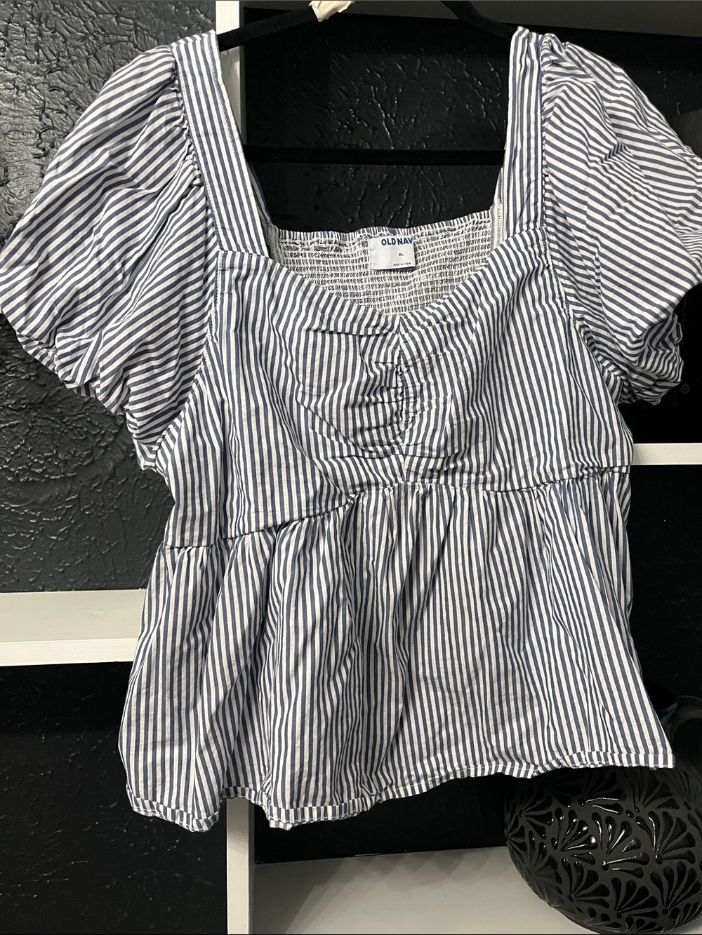 Old Navy Navy & White Striped Puff Sleeve Peplum Top